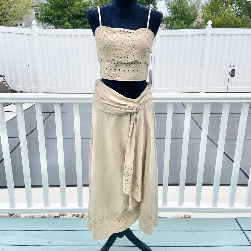 Jason Wu Tan Eyelet Linen Blend Two-Piece Crop Top Skirt Set New Top 6 Skirt 8